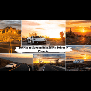 Phoenix scenic drives with luxury cars, desert roads, and sunset views.