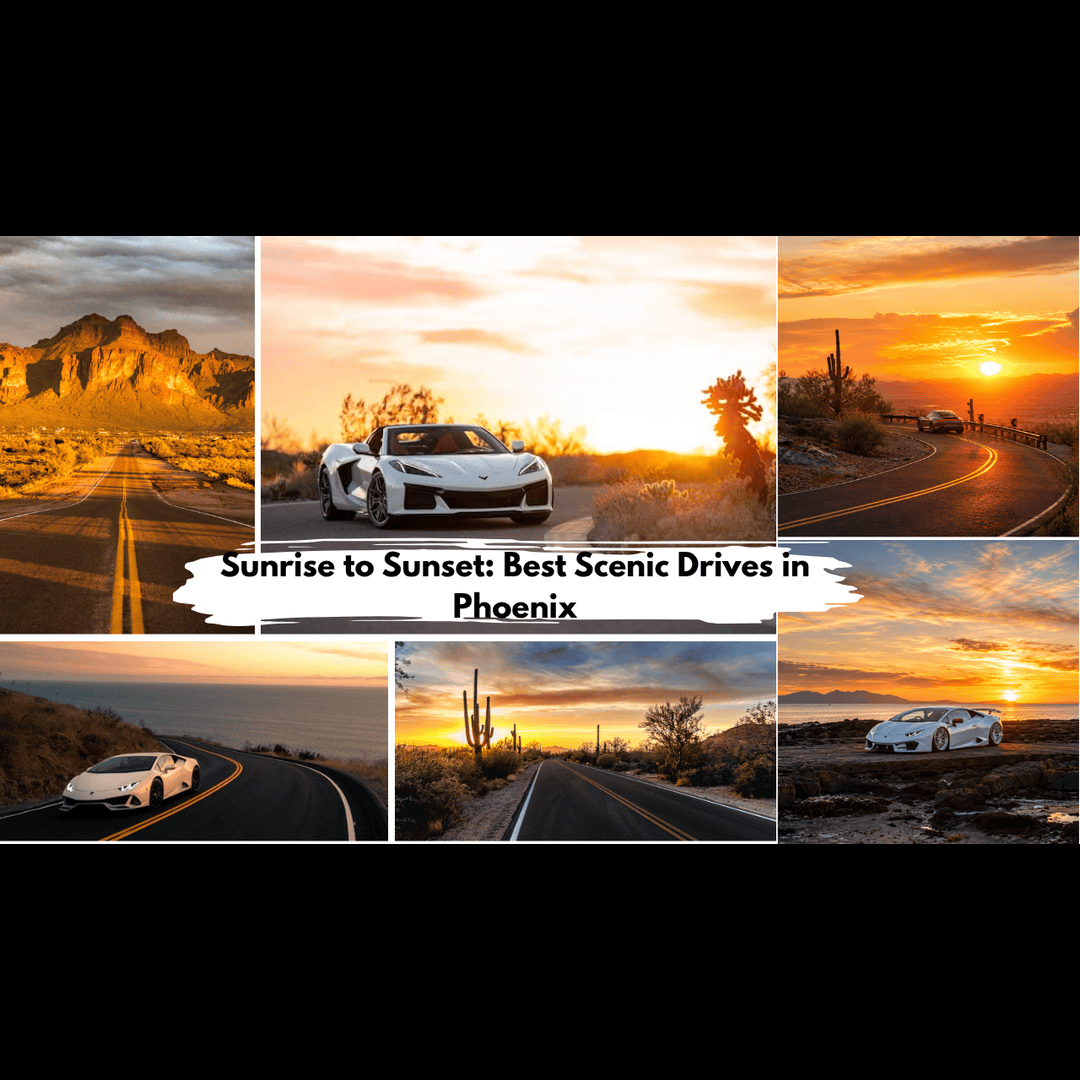 Phoenix scenic drives with luxury cars, desert roads, and sunset views.