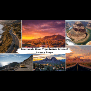 Luxury sports car on a scenic Scottsdale desert road with mountain views.