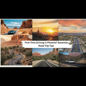 Luxury car driving on a scenic Phoenix road with Arizona desert mountains in the background.