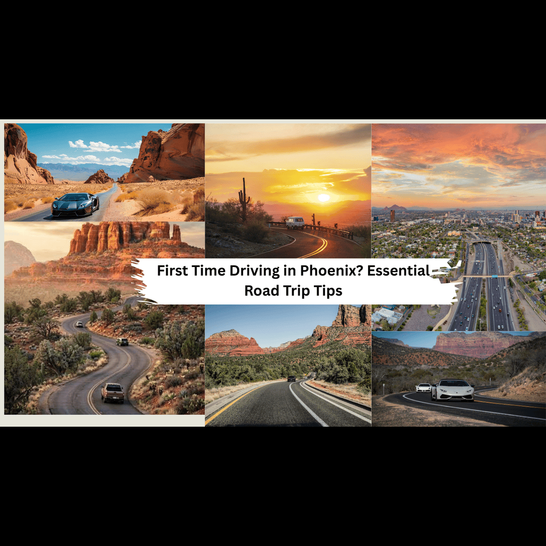 Luxury car driving on a scenic Phoenix road with Arizona desert mountains in the background.