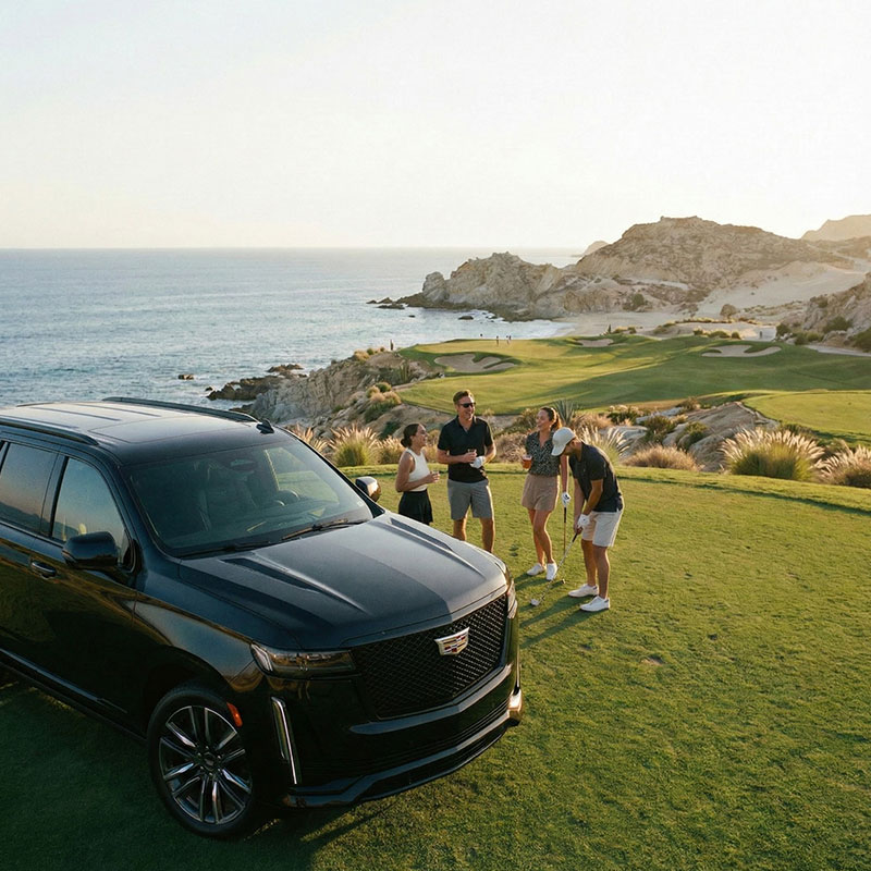 people in golf weekend with rental exoic car